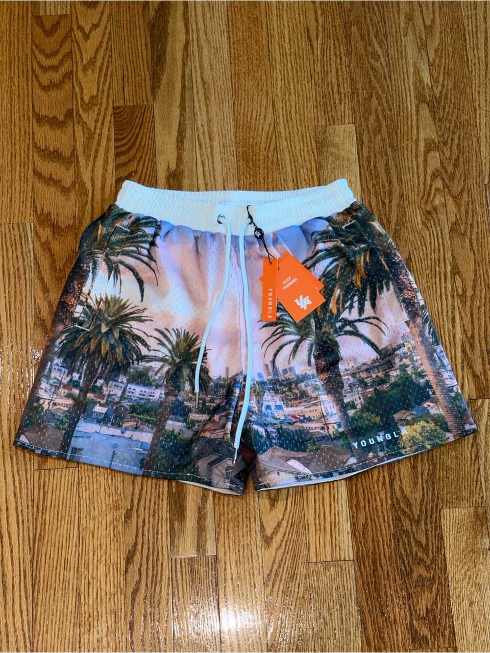 YoungLA Palm-Scene Mesh Shorts in White and Multi-Color